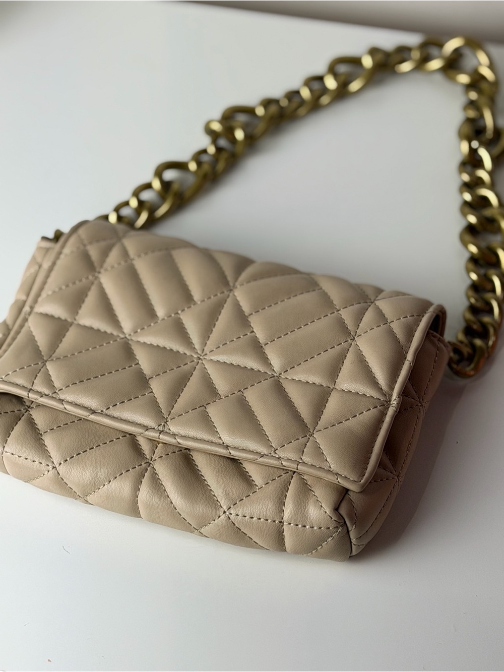 Zara Quilted Shoulder Bag in Taupe with Gold Chain